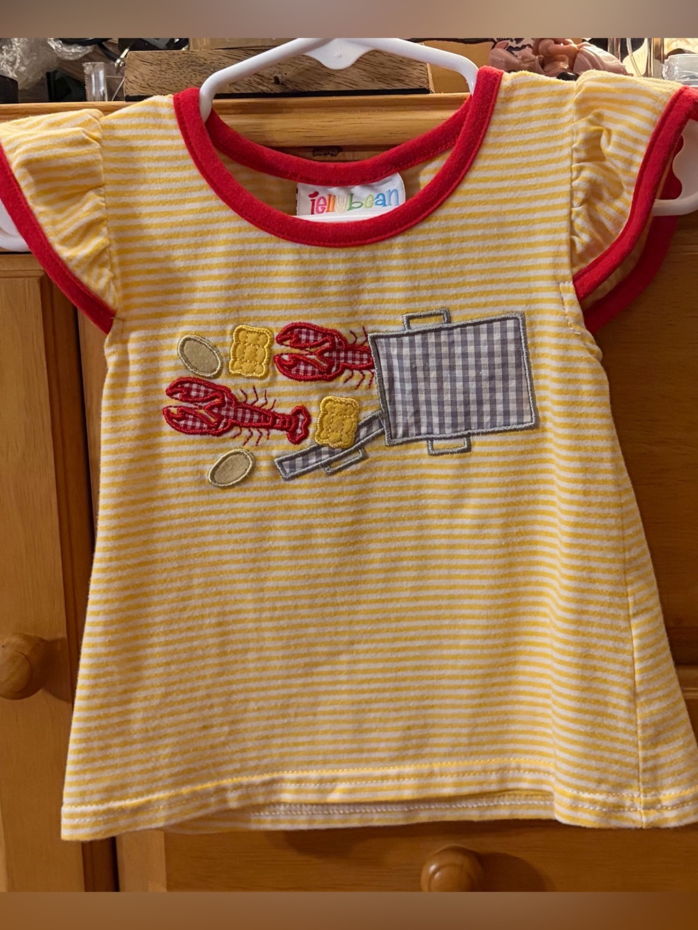 Jellybean Girls' Yellow & White Striped Flutter Sleeve Tee w/Crawfish Boil 9M